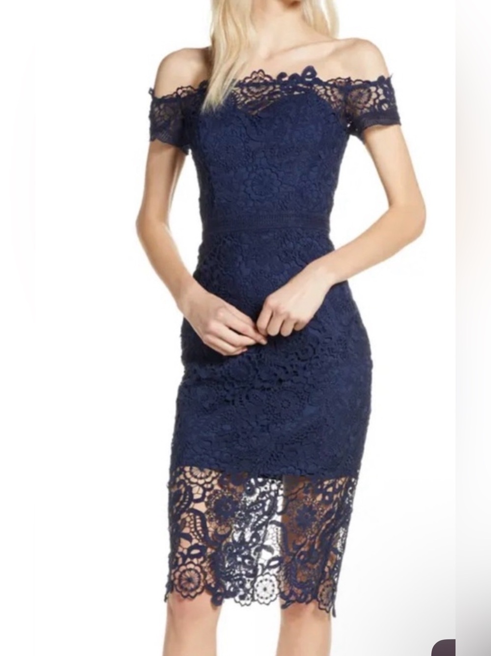 Chi Chi London Navy Off-Shoulder Lace Midi Dress